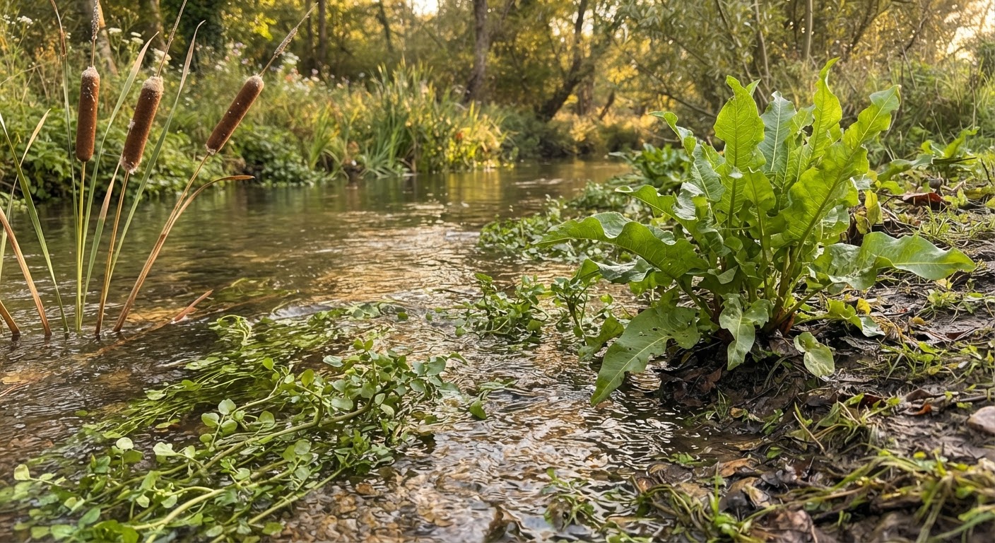 A serene shallow stream bank scene — cattails rising from the water’s edge with their brown seed heads, watercress trailing in clear flowing water, and curly dock leaves reaching up from the muddy bank, late afternoon golden light reflecting off the water surface, realistic, shot by iphone 13