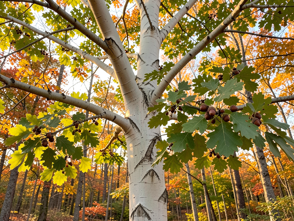 White oak tree with acorns in autumn forest