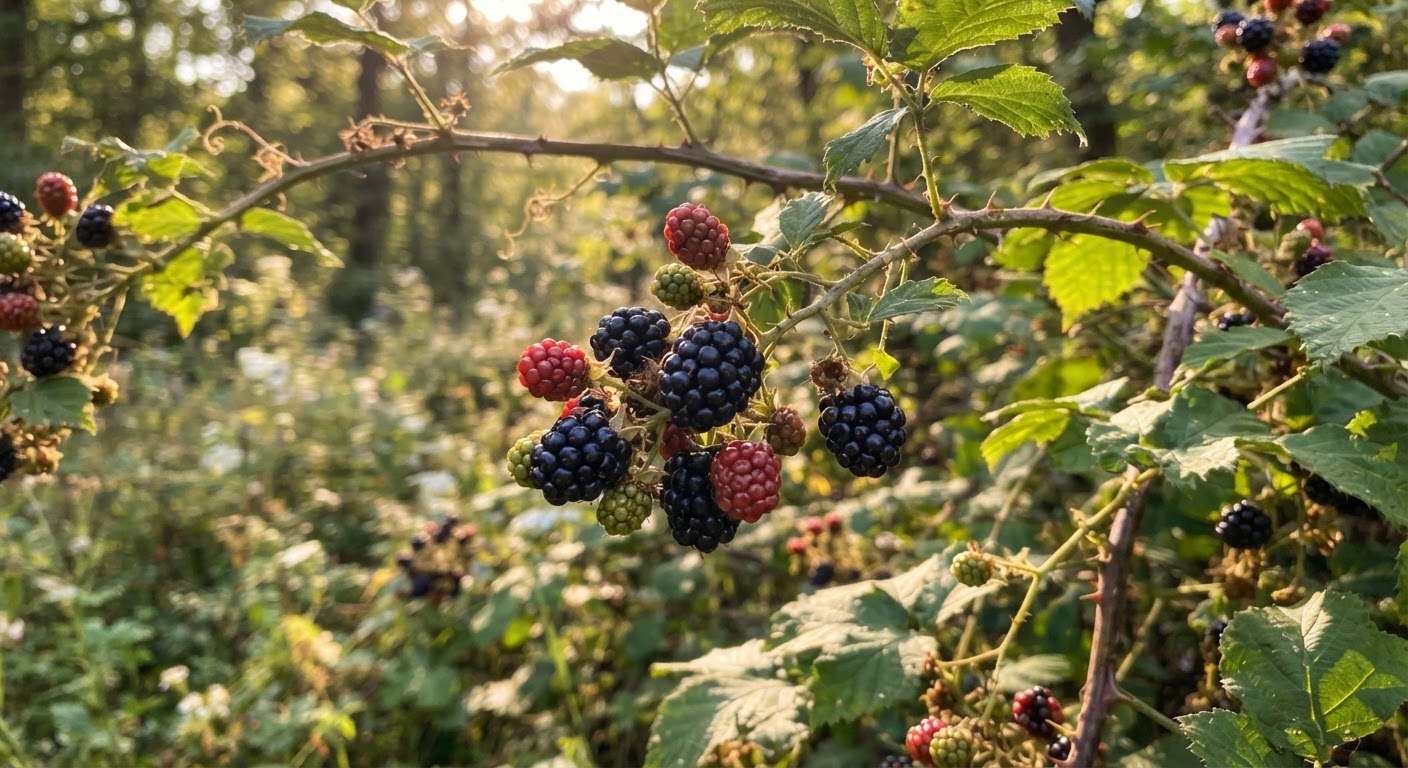 Close-up of ripe wild blackberries growi…