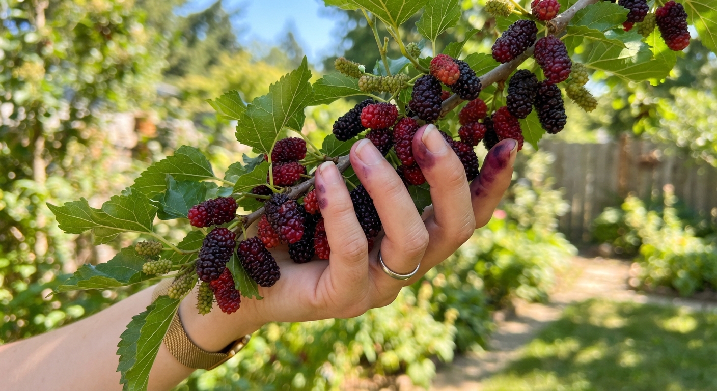 A mulberry tree branch laden with ripe d…