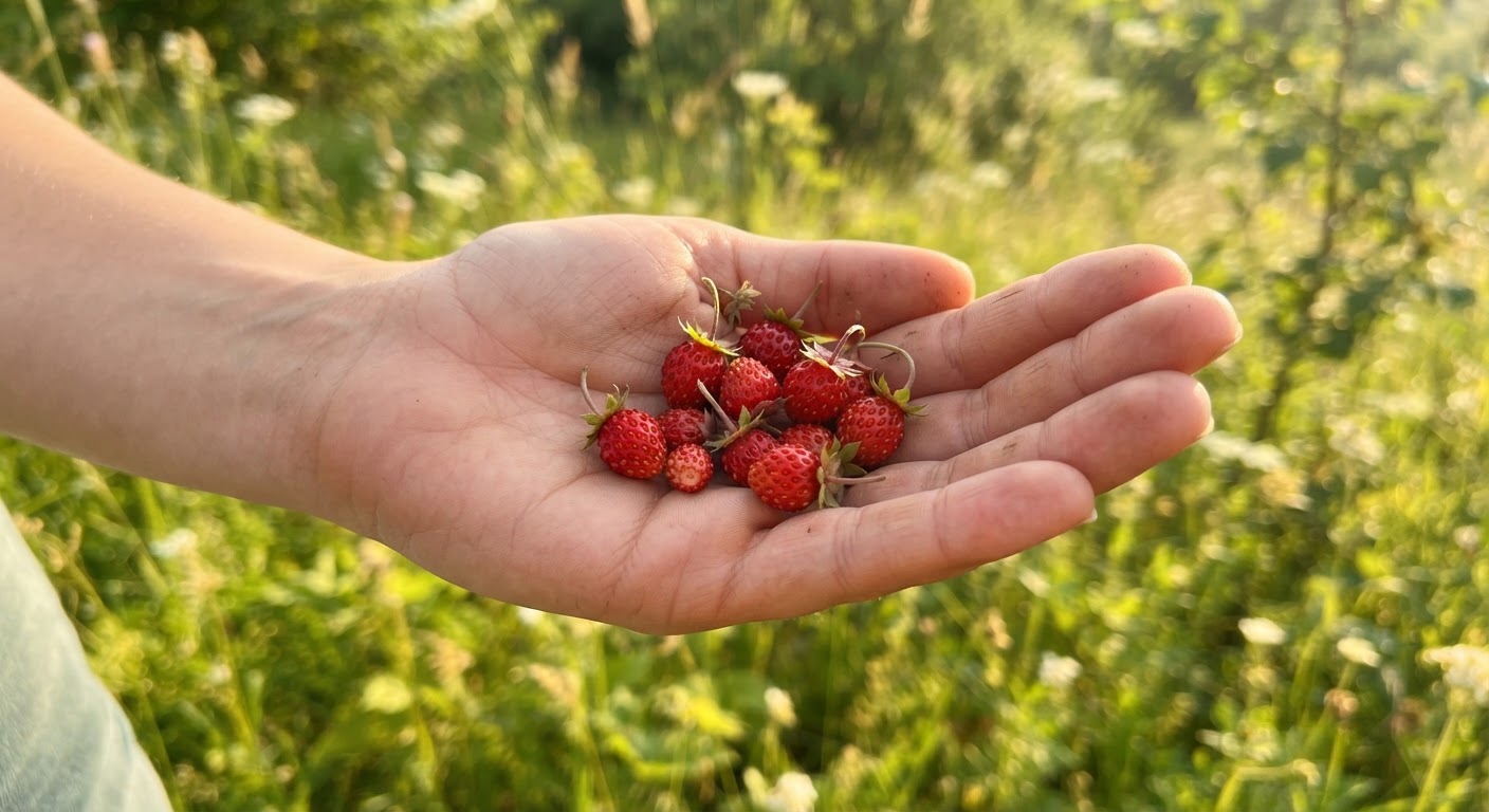 Close-up of tiny wild strawberries cuppe…