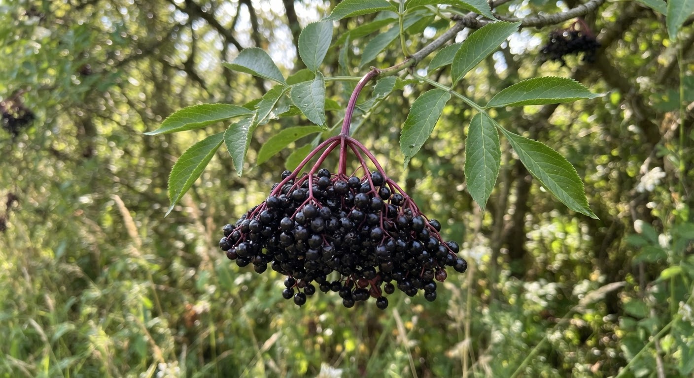 A cluster of ripe dark purple elderberri…