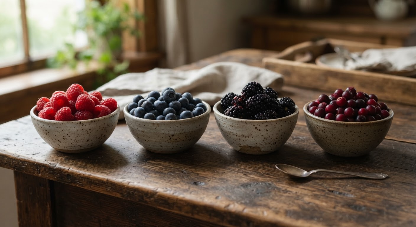 A rustic wooden harvest table displaying…