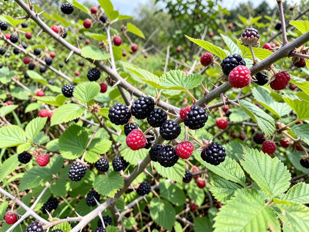 Abundant ripe wild blackberries and raspberries on bushes in summer hedgerow
