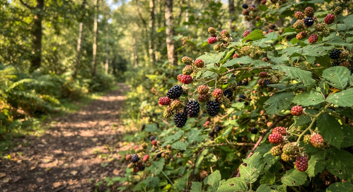 Wild blackberry bush growing along a woodland trail edge, showing clusters of ripe dark purple berries and some unripe red ones among green leaves, late summer afternoon sunlight filtering through trees, natural bokeh background