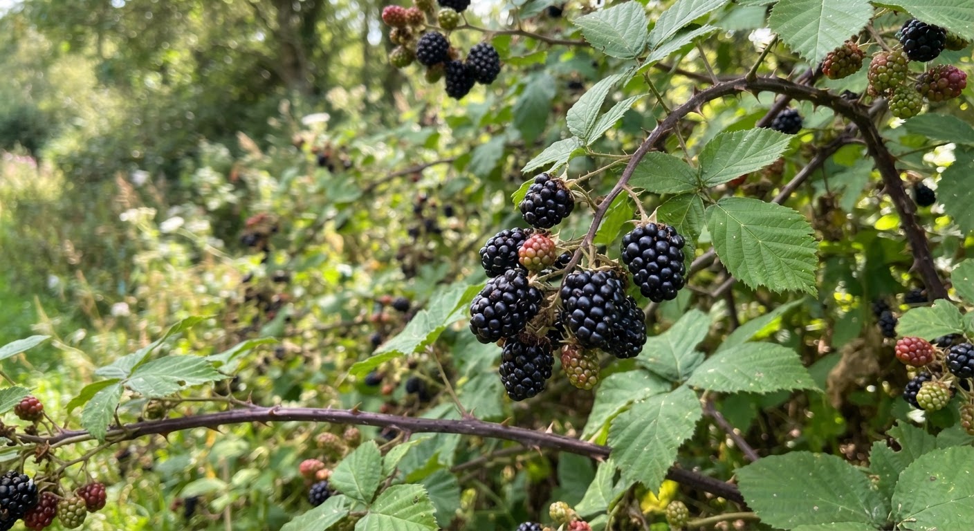 Ripe wild blackberries on a thorny bramble bush in a hedgerow, deep purple berries among green leaves