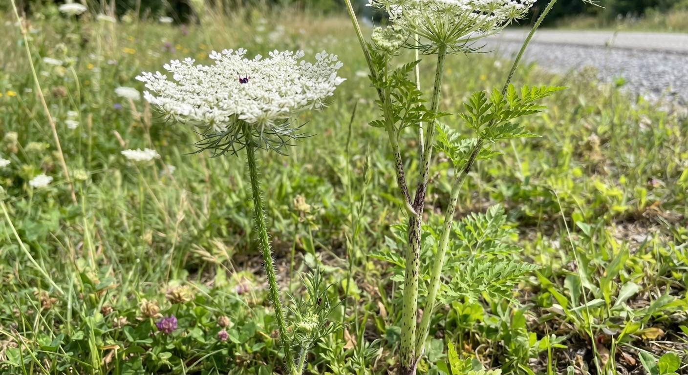 Side by side botanical detail comparison of wild carrot Queen Annes lace with white flower clusters and hairy stem versus poison hemlock with purple blotched hairless stem, growing wild in a roadside meadow, natural daylight, realistic, shot by iphone 13