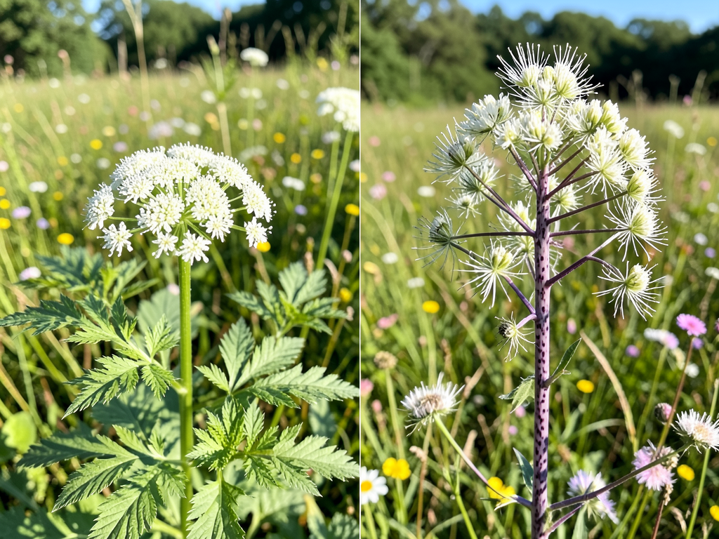 Wild carrot Queen Annes lace vs poison hemlock side by side in meadow