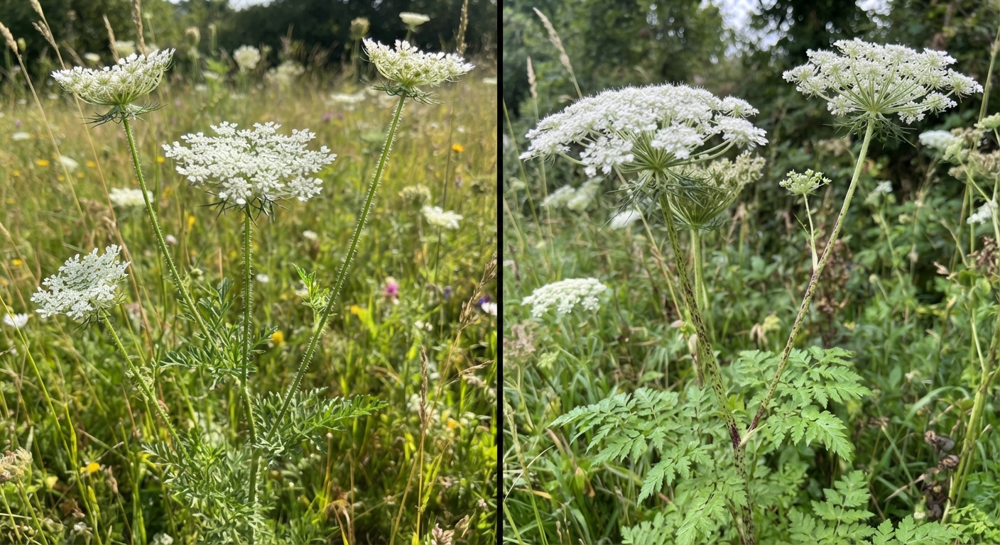 A split comparison showing wild carrot plant with hairy green stems and white lacy flowers on the left, versus poison hemlock with smooth purple-spotted stems on the right, both growing in natural outdoor settings, educational comparison, realistic, shot by iphone 13