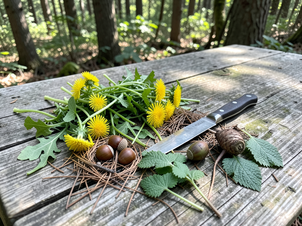 Wild edible plants spread on a camp table with bushcraft knife