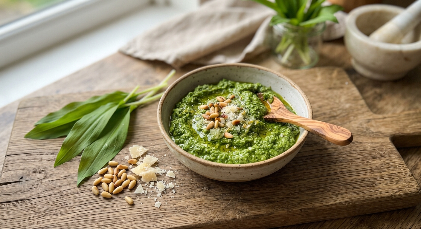 A bright bowl of wild garlic pesto with fresh leaves beside it on a wooden board
