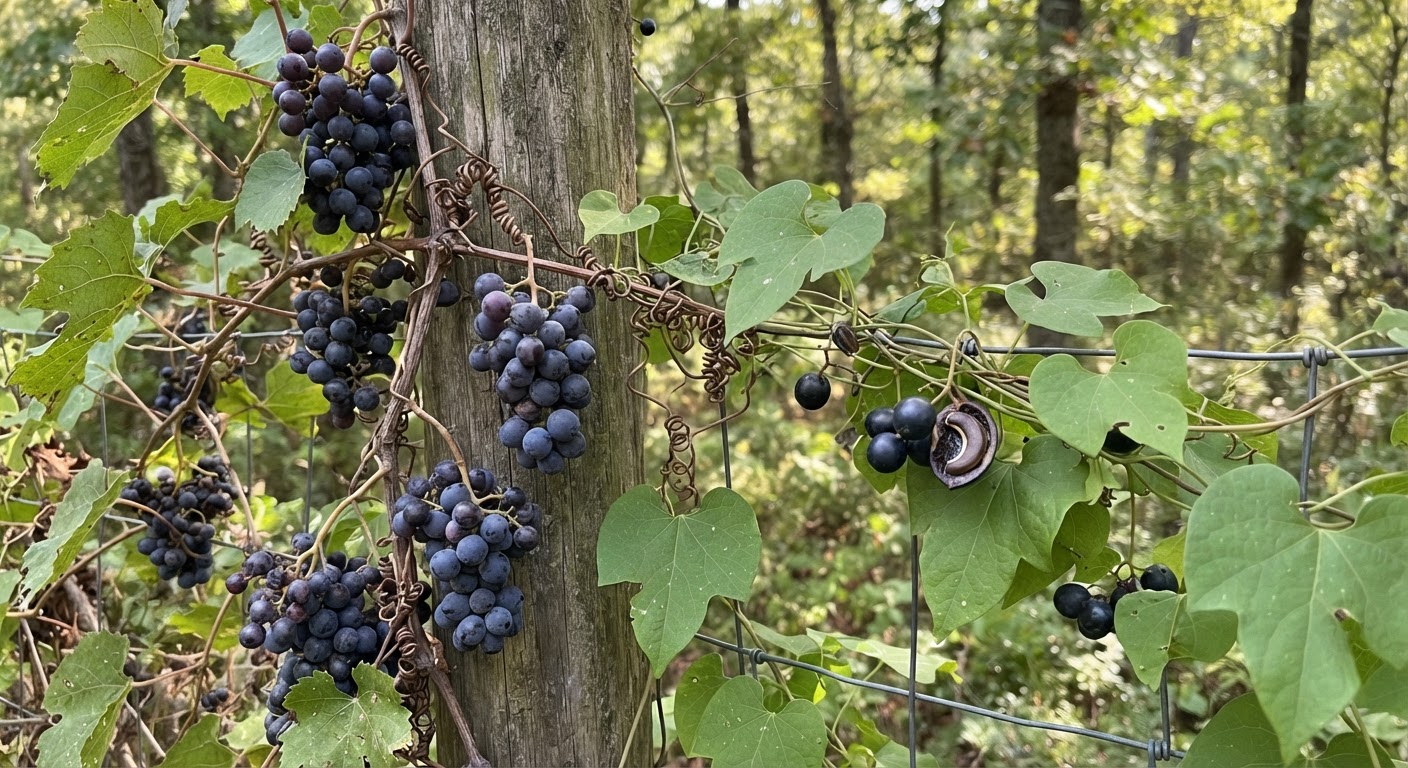 Wild grape clusters hanging from a vine with coiled tendrils on a forest edge, next to Canada moonseed showing its single crescent-shaped seed inside dark berries, growing along a woodland fence line, natural afternoon light, foraging plant identification educational context, realistic, shot by iphone 13