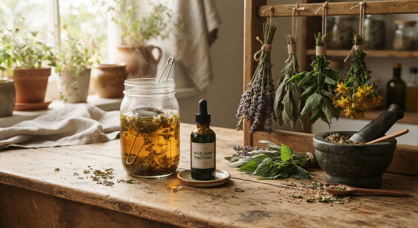 A glass jar of freshly brewed amber wild herb tea and a small bottle of green tincture next to bundles of drying medicinal plants and a mortar and pestle on a rustic wooden kitchen counter, warm morning window light, realistic, shot by iphone 13