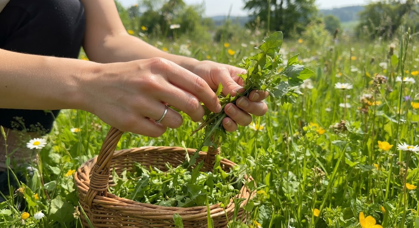 Close-up of hands picking fresh wild leafy greens — dandelion leaves, chickweed, and lamb’s quarters — from a grassy meadow in natural daylight