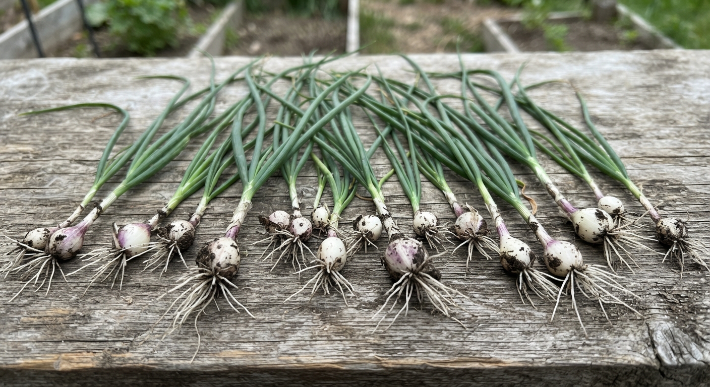 Freshly pulled wild onion and wild garlic plants with slender green leaves and white bulbs laid on weathered wood