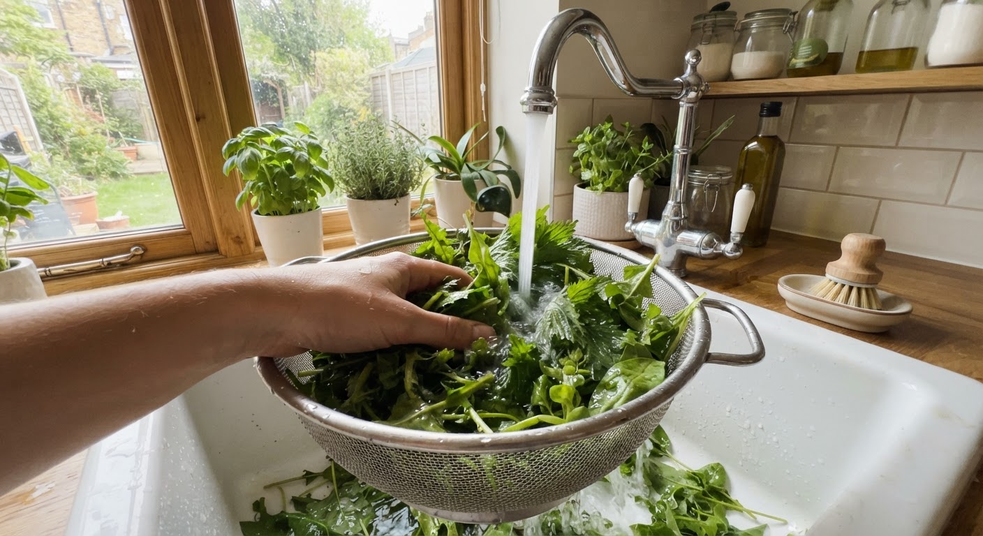Fresh wild edible greens being rinsed in a metal colander under running water at a home kitchen sink in bright natural light