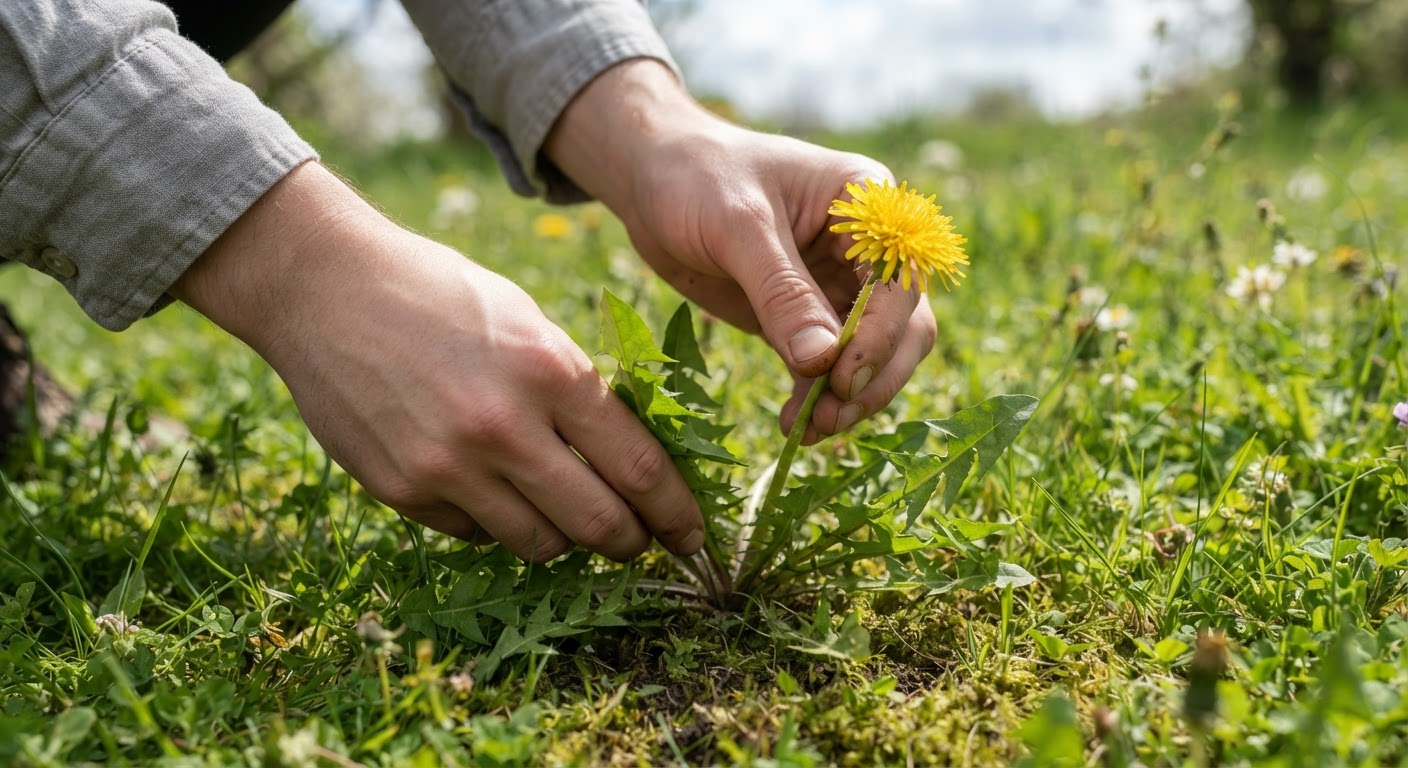 Close-up of hands gently picking a bright yellow dandelion flower and green jagged leaves from a green lawn in natural daylight