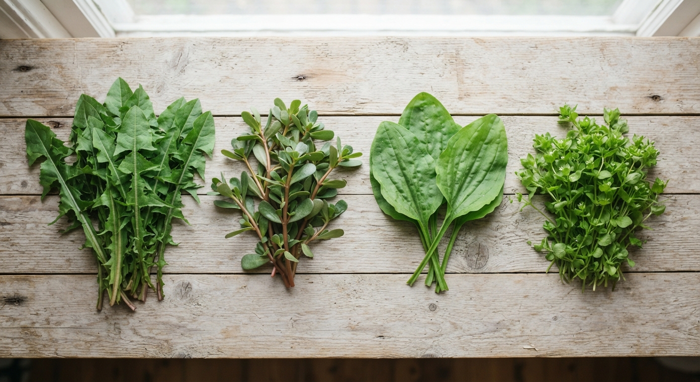 Flat lay of several common edible wild plants arranged on a light rustic wooden surface: dandelion leaves, fleshy purslane stems, broadleaf plantain leaves and chickweed sprigs, natural light
