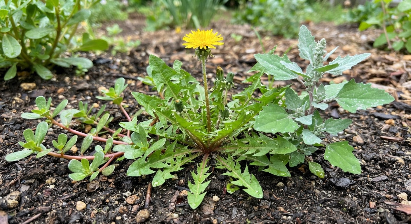 Close-up of three common edible wild plants growing together: dandelion with jagged leaves and a yellow flower, lamb’s quarters with white powdery coating, and purslane with thick paddle leaves and red stems
