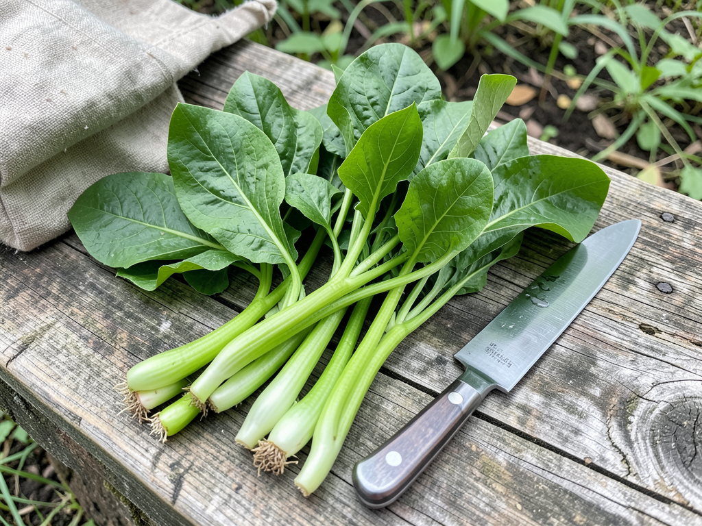 Fresh wild ramps with broad green leaves on rustic wood
