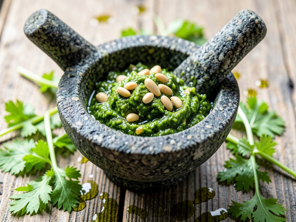 Homemade dandelion pesto in a stone mortar with fresh greens