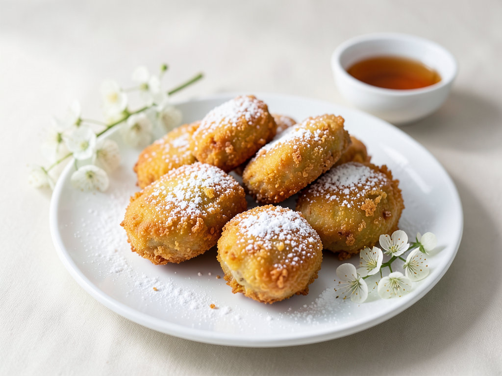 Golden crispy elderflower fritters dusted with powdered sugar