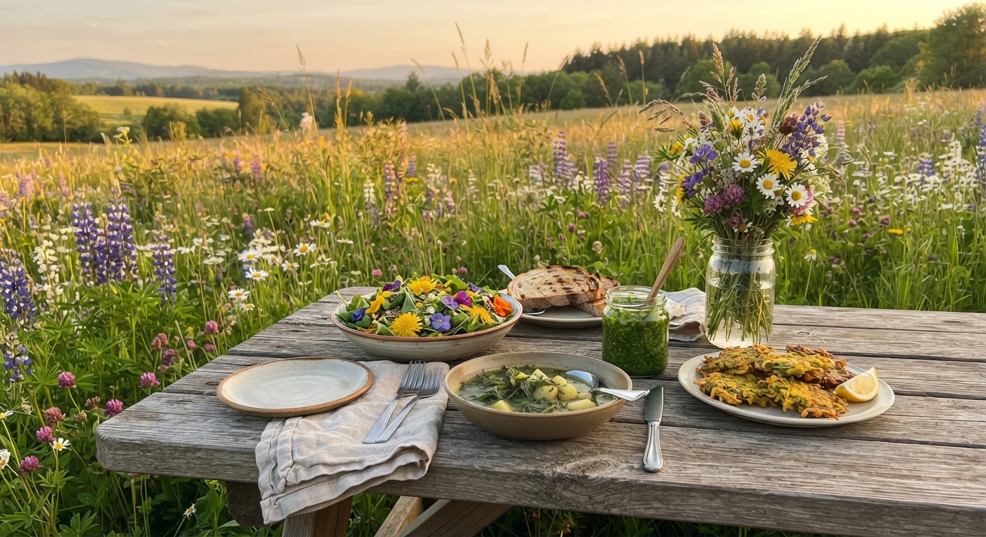A beautiful outdoor feast of wild-foraged dishes on a rustic picnic table in a sunny meadow