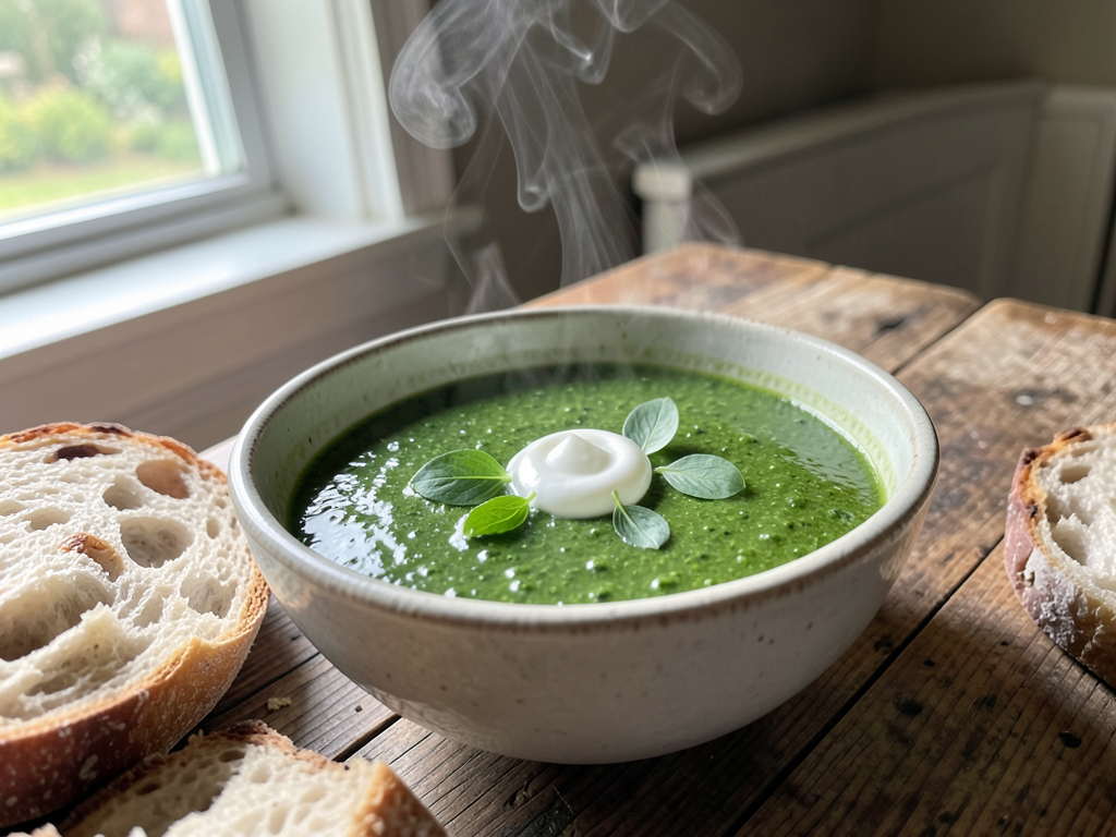 Creamy stinging nettle soup in a ceramic bowl with crusty bread
