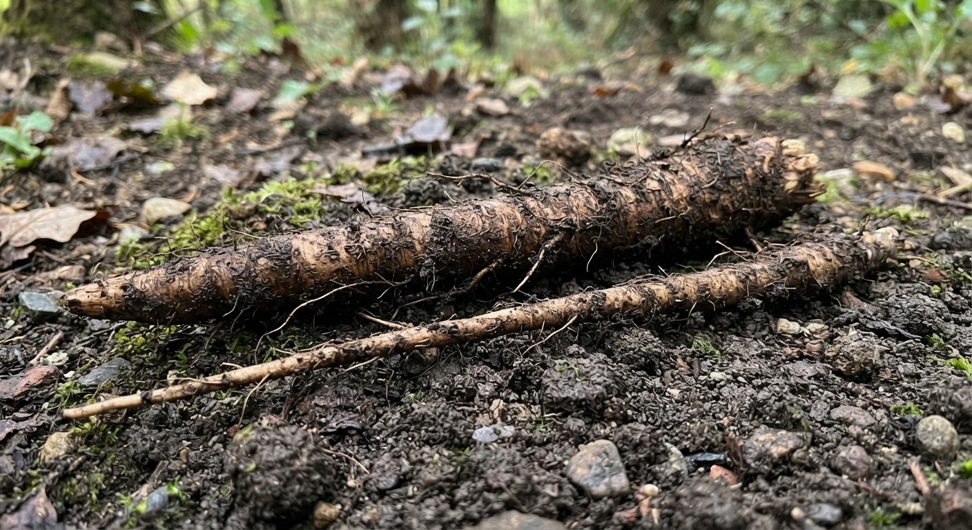 Freshly dug wild edible roots — a long dandelion taproot and a burdock root — laid on dark, damp soil in natural daylight