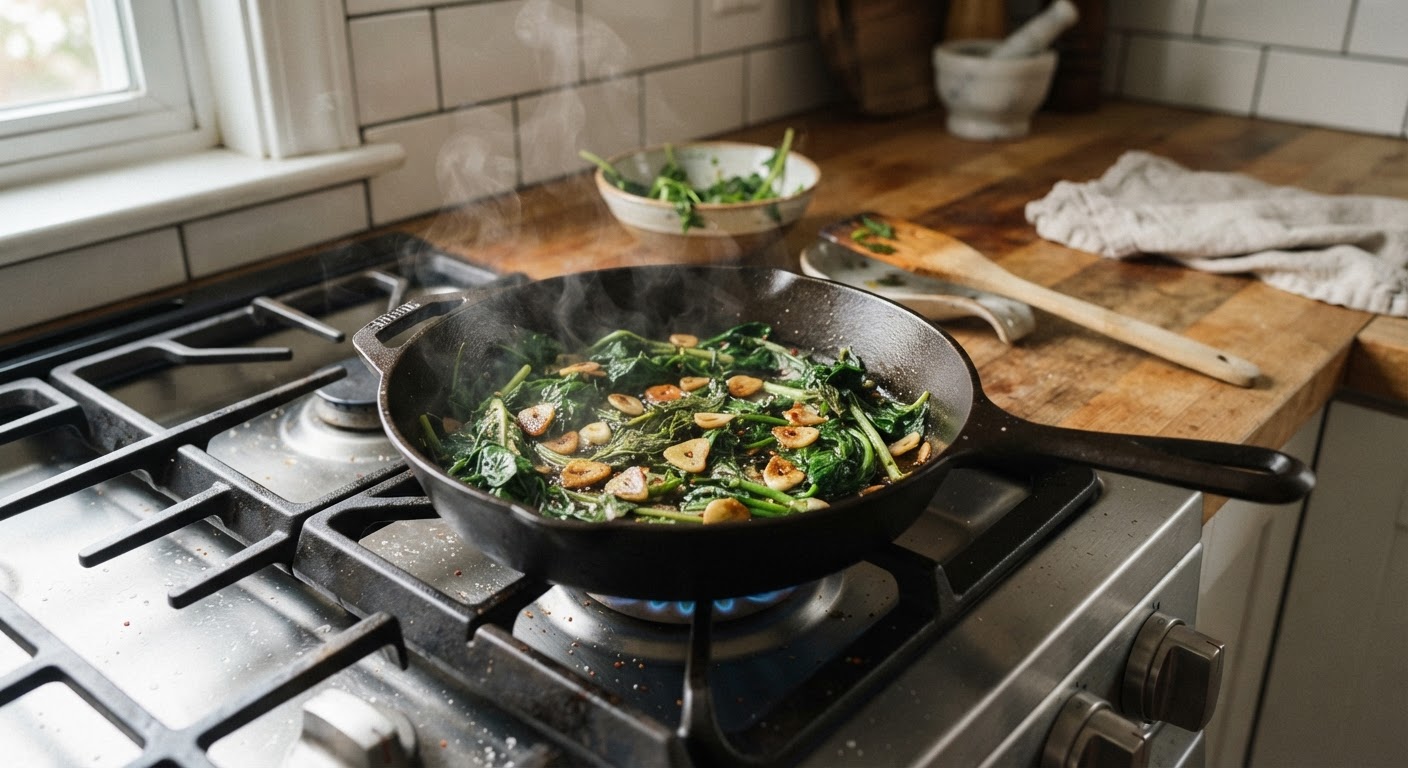 A cast iron skillet on a stovetop with sauteed wild green vegetables and sliced garlic, gentle steam rising, rustic kitchen setting