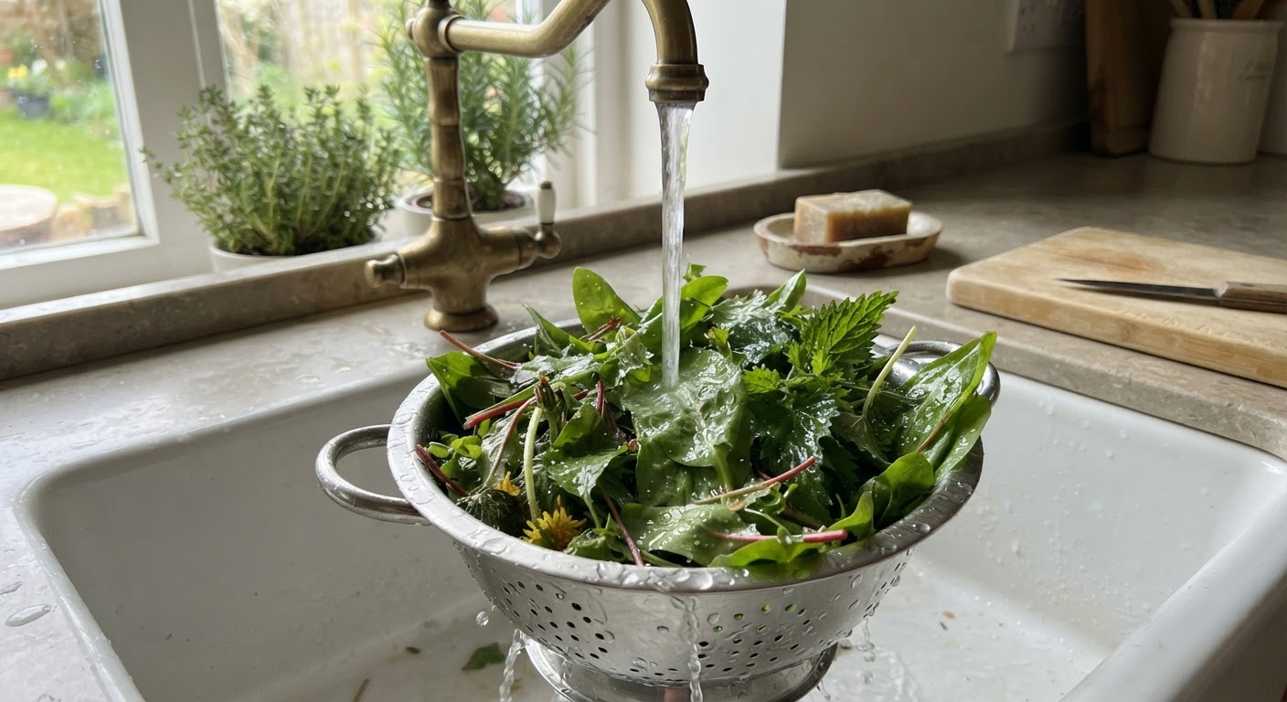 Freshly foraged wild green leaves being washed in a stainless steel colander under cold running water in a farmhouse sink, water droplets on the bright green leaves, natural daylight