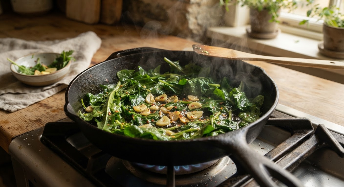 Freshly washed wild greens being sautéed with sliced garlic in a cast iron skillet, gentle steam rising in warm kitchen light