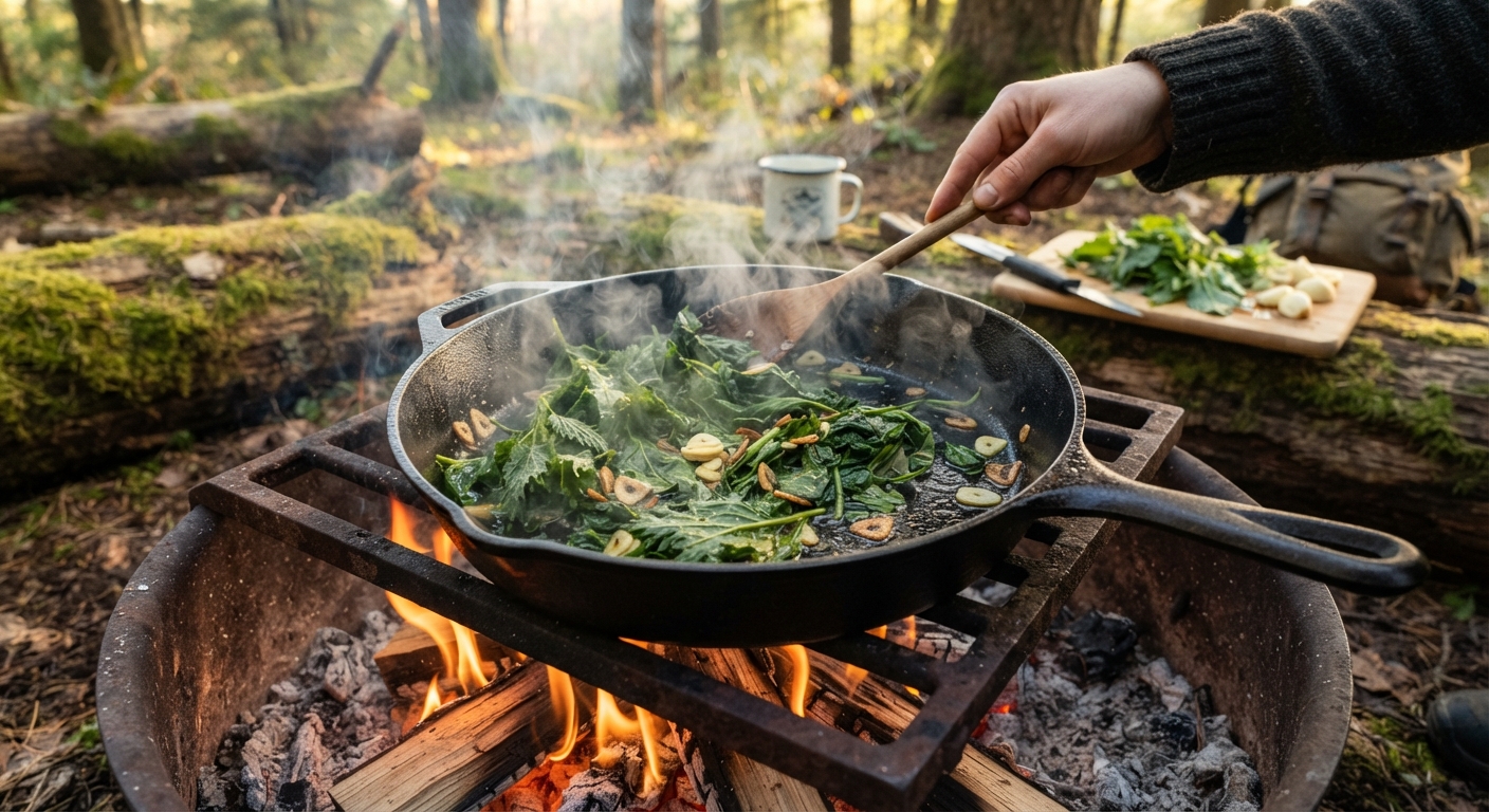 Fresh wild edible greens being sauteed with sliced garlic in a cast iron skillet over an open fire outdoors, gentle steam rising