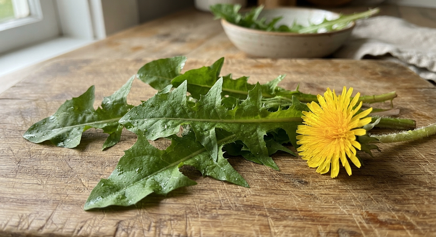 Close-up of fresh dandelion greens with jagged toothed leaves and a bright yellow flower on a wooden cutting board