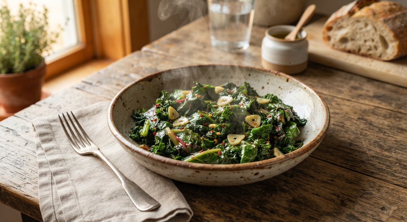 A simple rustic dish of sautéed wild greens with garlic and olive oil in a ceramic bowl
