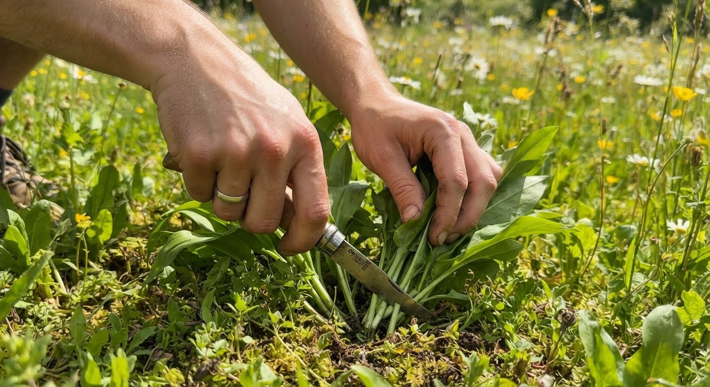 Close-up of hands gently cutting wild leafy greens at the base with a small pocket knife in a sunlit meadow