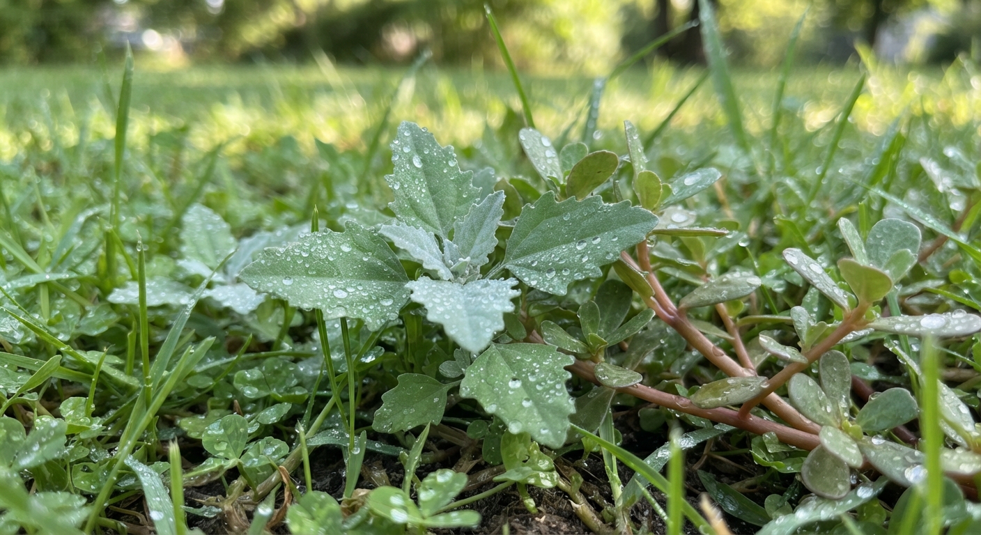 Close-up macro of lamb’s quarters and purslane wild edible greens growing among grass in a backyard lawn, sharp leaf detail with morning dew drops