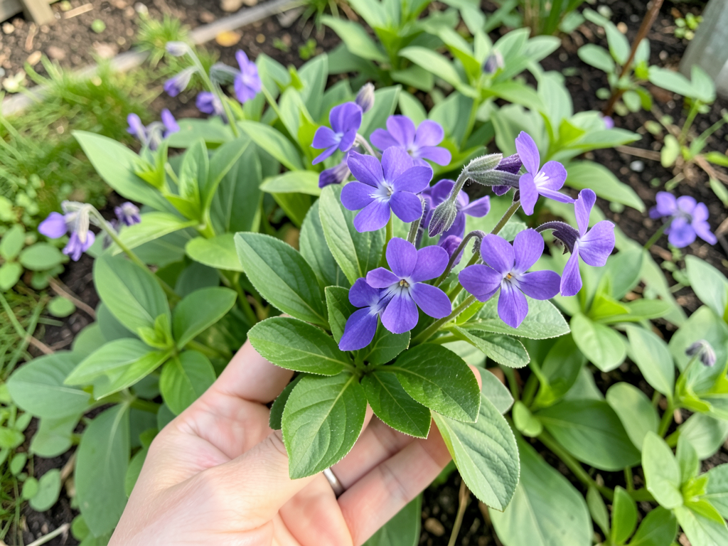 Wild violet flowers and leaves in a forager’s hand