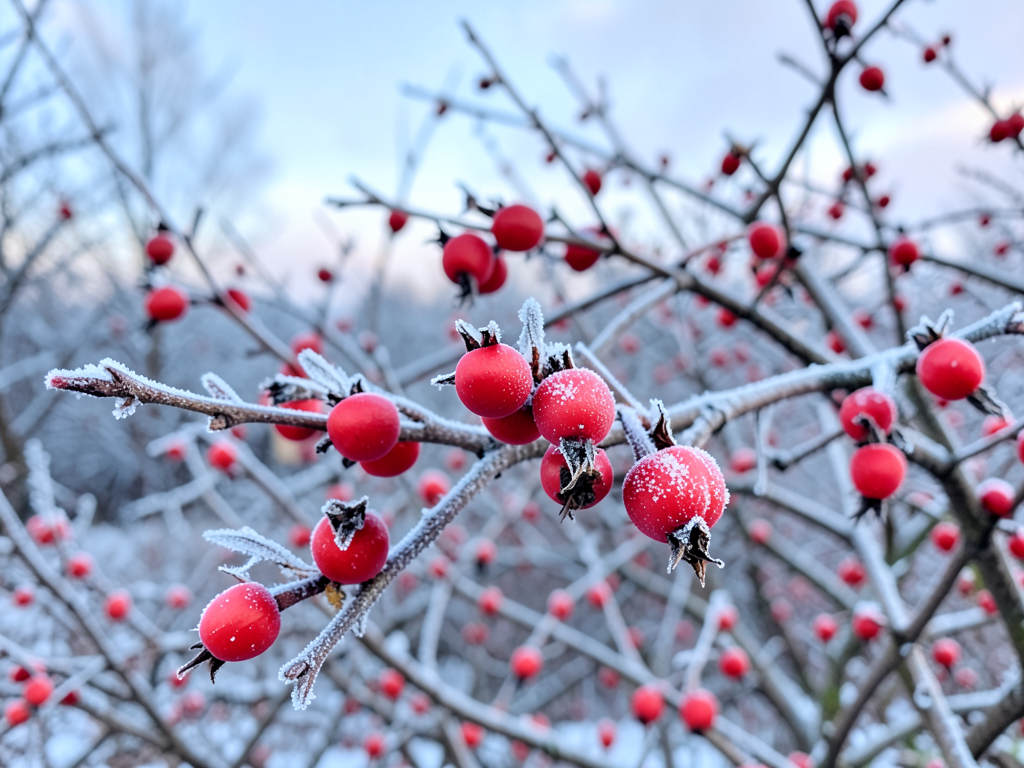 Frosted rose hips and barberry branches against a winter sky