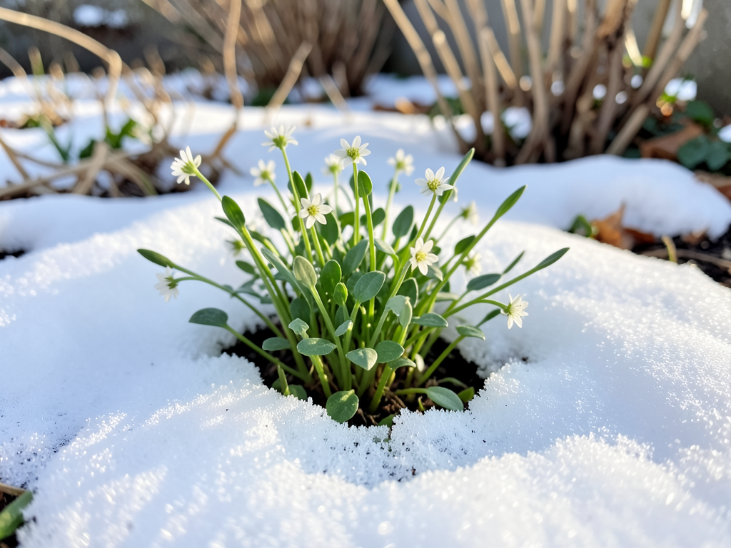 Fresh chickweed growing through winter snow