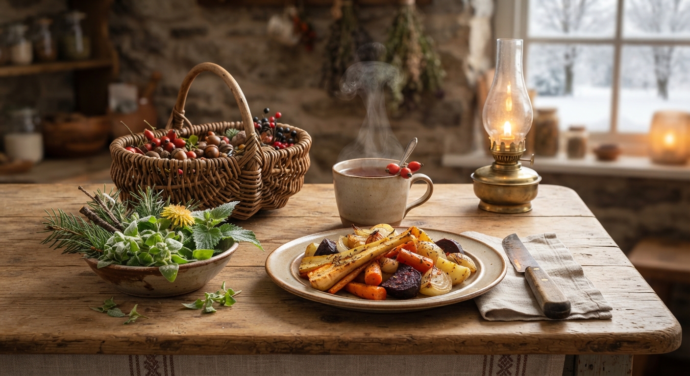 A cozy winter table with foraged foods, rose hip tea, roasted roots, and foraging tools