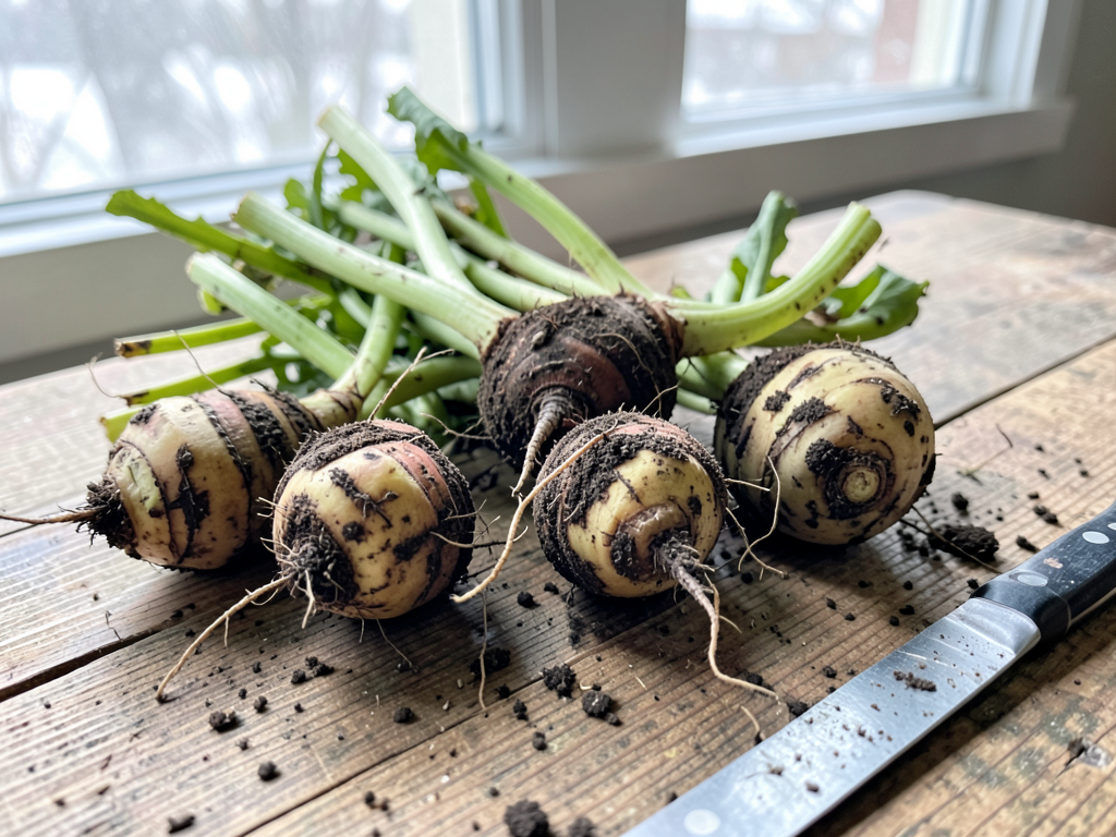 Freshly dug burdock roots and Jerusalem artichoke tubers on a rustic table