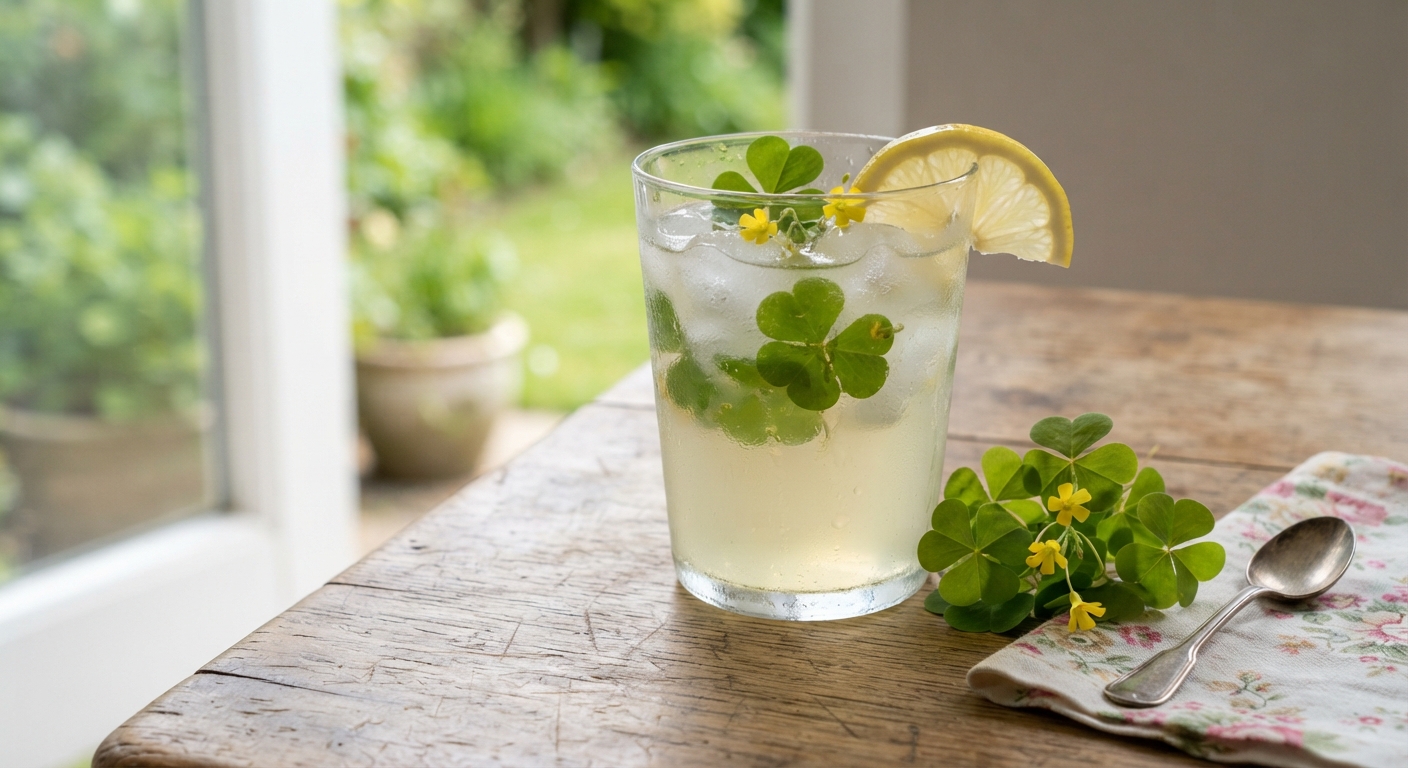 A glass of chilled wood sorrel lemonade with fresh heart-shaped leaves and yellow flowers beside it on a wooden table