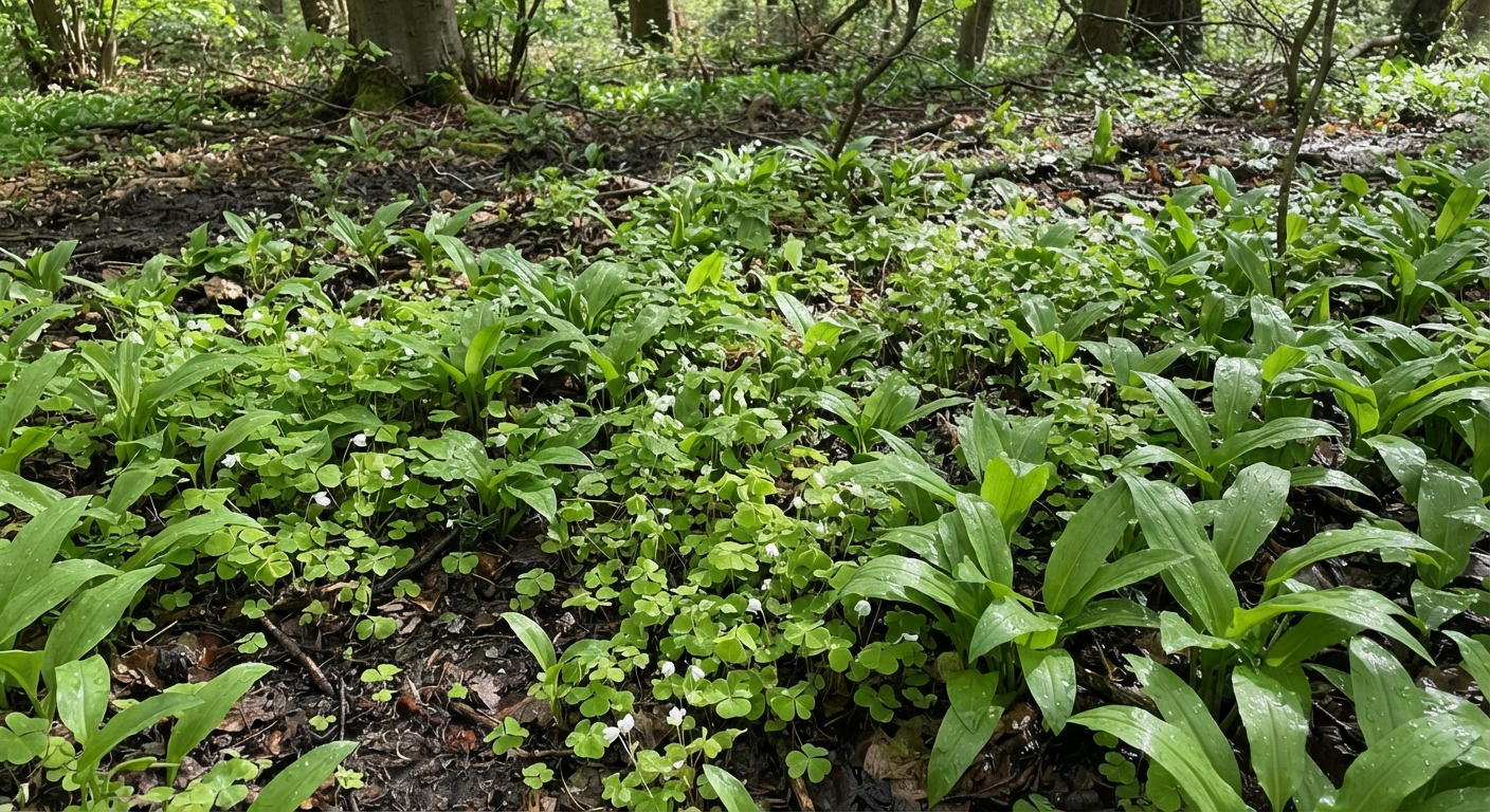 Close-up top-down view of a forest floor covered with wood sorrel clover-like leaves and wild garlic broad green leaves, dappled sunlight filtering through trees